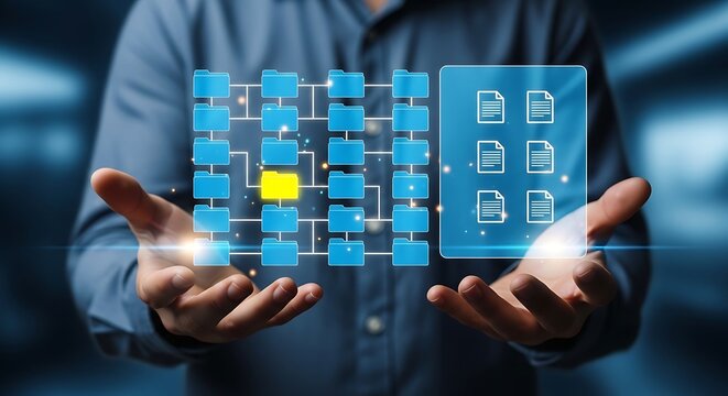 Business technology concept presenting cloud storage folders organizing digital documents within corporate data management platform