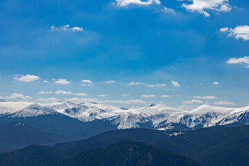 Fototapeta premium Snowy peaks of Hoverla and Petros mountains in Ukrainian Carpathians