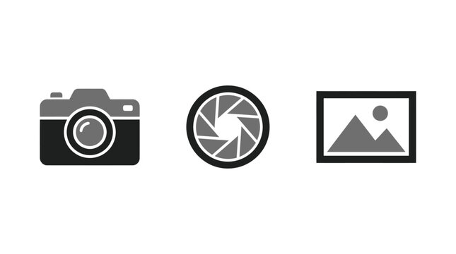 Photography Icons: Camera, Aperture, and Framed Landscape Image