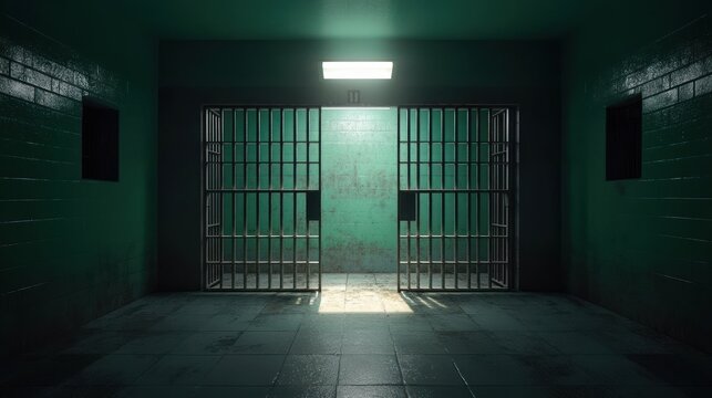 Empty dimly lit prison cell corridor with twin metal barred doors, green peeling walls and harsh fluorescent light conveying loneliness and foreboding