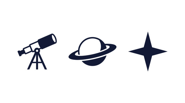 Telescope, Planet Saturn, Star Icons - Astronomy and Space Exploration Symbols