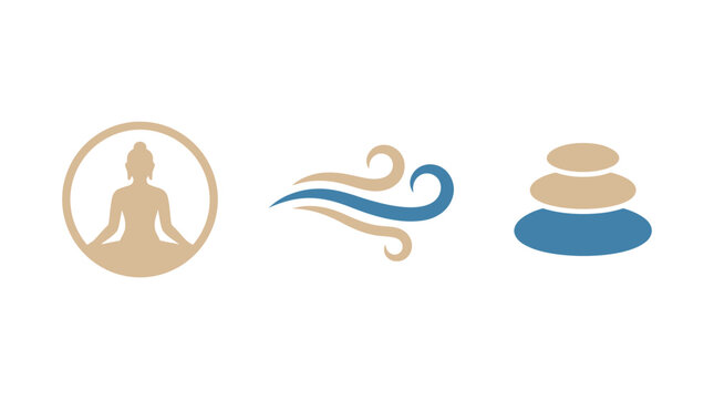Zen meditation, wind flow, and balanced stones icons for wellness and harmony