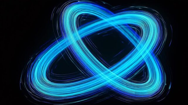Blue light trails weaving in circular pattern on black background