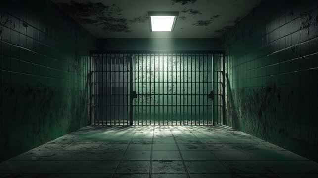 empty grimy prison cell corridor with heavy metal bars, peeling green tiles and a single harsh overhead fluorescent light, evoking isolation and foreboding