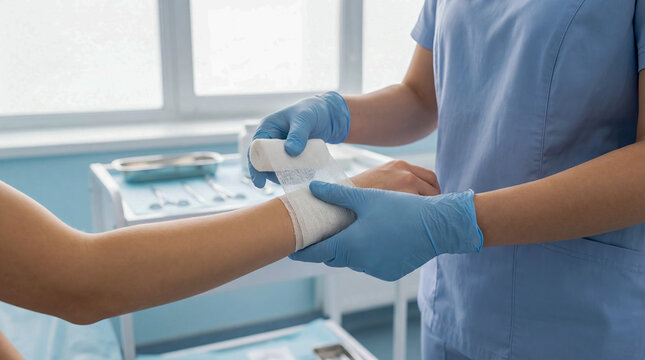 nurse bandage wound care arm treatment hospital dressing healing protection showing professional dressing change that supports healing and reduces infection risk for treatment education and healthcare