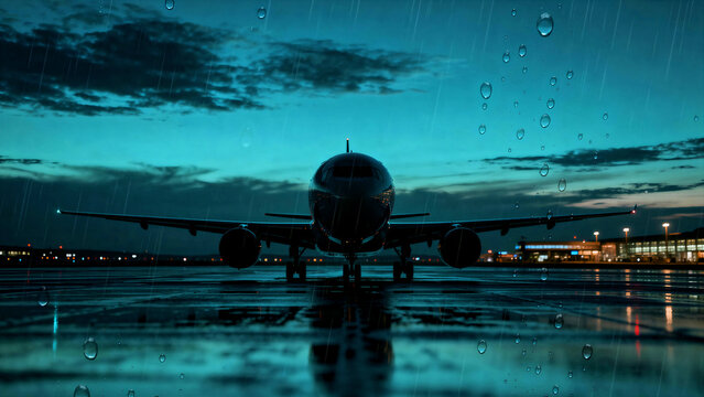 A modern narrow body commercial passenger jet aircraft sits parked on the wet tarmac with its powerful twin engines idling as the sleek metallic fuselage reflects the ambient evening lights during...
