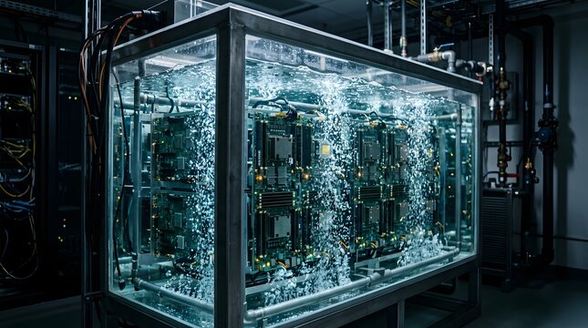 Advanced liquid immersion cooling system housing server components, showcasing innovative thermal management for high-performance computing infrastructure.