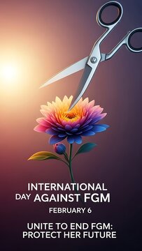 Symbolic image with scissors cutting a colorful flower representing fgm awareness