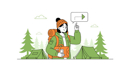 Fototapeta premium Woman hiker with backpack and suitcase pointing at direction arrow in campsite