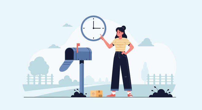 Woman checking clock near mailbox with package, time sensitive delivery concept