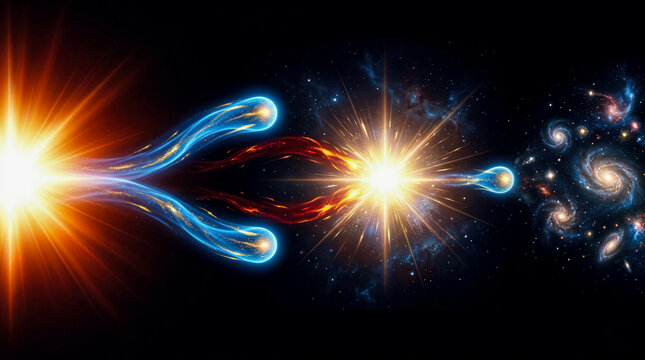 Primordial energy burst and matter-antimatter annihilation in the early universe, showing luminous particle streams colliding to form galaxies against a dark deep space background with glowing stars.