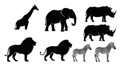 African Safari Animal Silhouettes Set with Lion Elephant Rhino Zebra and Giraffe Vector Illustration © Fajar