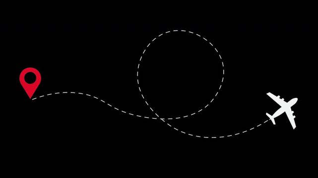 Airplane flight path animation showing the flight route with a dotted line from the starting point to the destination forming a curved curve and roller coaster, suitable for animation footage, etc.