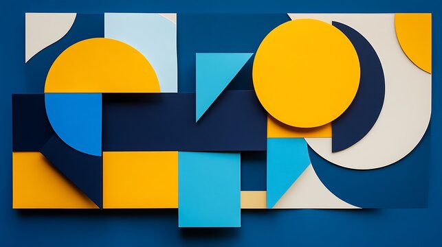 Bright yellow and blue geometric shapes create a playful layered design on a textured dark background