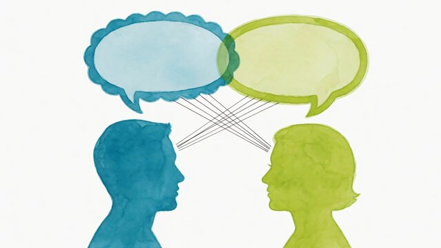 Dialogo e comunicazione: sagome ad acquerello con fumetti incrociati