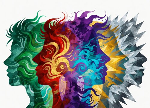 Scontro tra caos e intuizione, profili astratti con spirale e fulmine