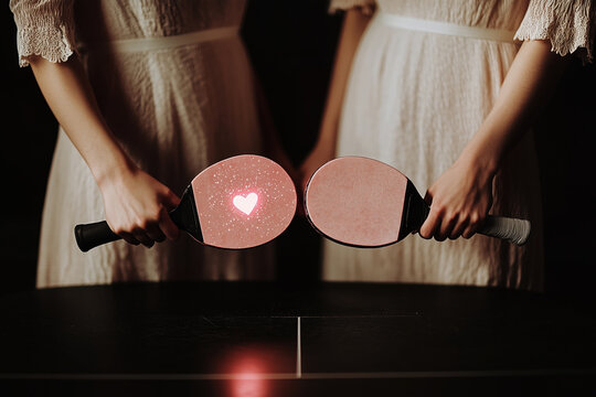   Close-up of hands holding ping pong paddles facing each other under soft warm light.