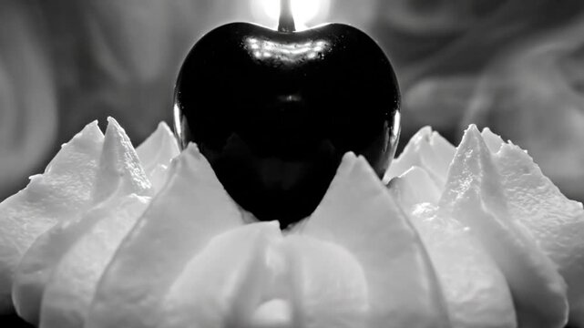 Black and white close up of a cupcake with white frosting and a cherry on top
