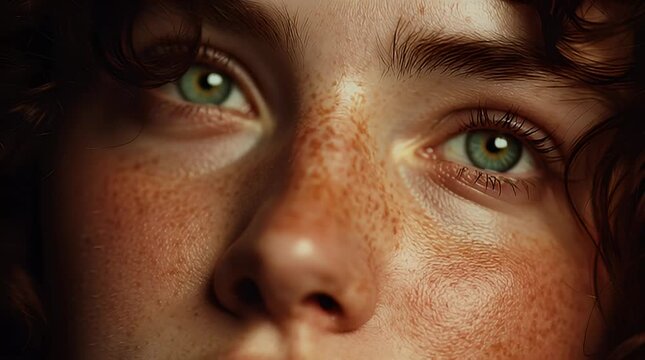Close-up portrait of a young person with striking green eyes and freckles