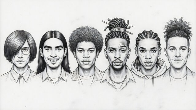 Disegno a matita di sei uomini multietnici con acconciature diverse.