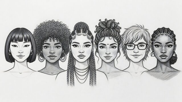 Ritratto a matita di donne diverse, concetto di diversit&agrave; e femminismo