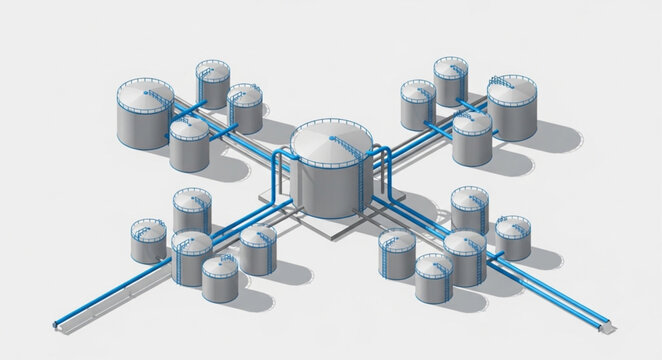 Isometric industrial storage tank network with interconnected pipelines.