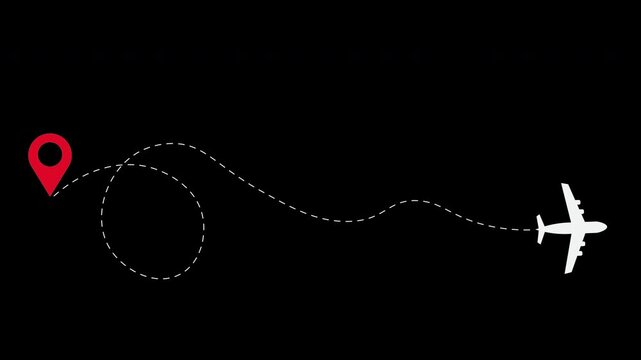 Airplane flight path animation showing the flight route with a dotted line from the starting point to the destination forming a curved curve and roller coaster, suitable for animation footage, etc.