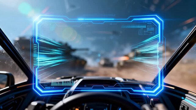 Futuristic tank cockpit with holographic interface display