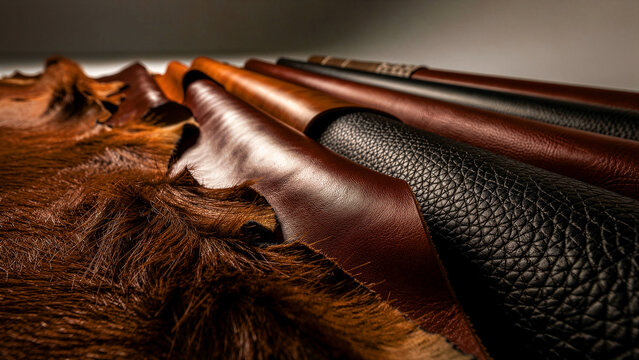 A luxurious collection showcasing a diverse assortment of premium natural leather and authentic animal hide materials, featuring a captivating range of rich textures, deep colors, and exquisite