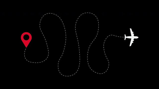 Airplane flight path animation showing the flight route with a dotted line from the starting point to the destination forming a zigzag curve, suitable for animation footage, websites, etc.