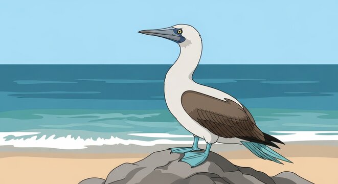 Blue-footed booby bird standing on a rock near the ocean shore.