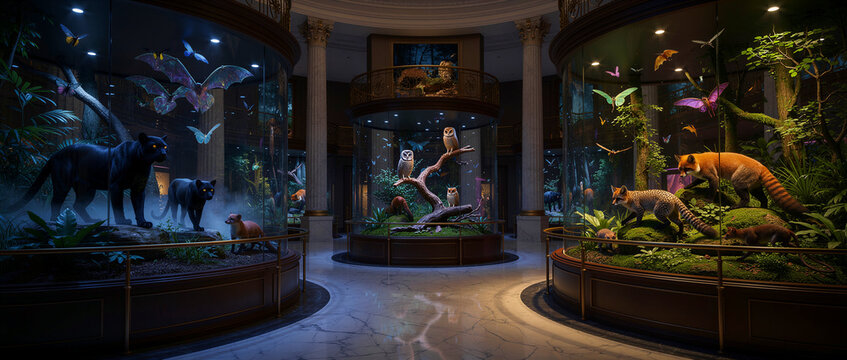 Captivating museum dioramas showcase a diverse collection of highly detailed, realistic nocturnal and forest animals, including sleek black panthers, wise owls, cunning foxes, and vibrant
