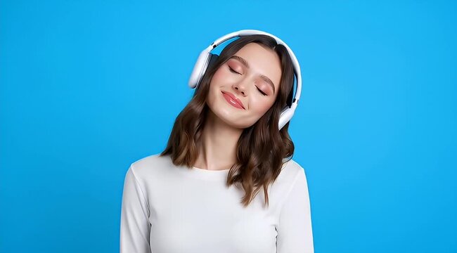 Serene young woman finds solace in sound, immersed in rhythmic melodies, her eyes closed in peaceful enjoyment