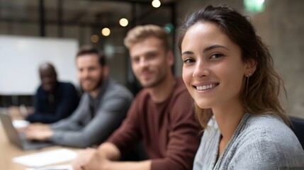 Fototapeta premium A smiling woman in the foreground with her colleagues in a modern office setting suggesting teamwork and collabo n