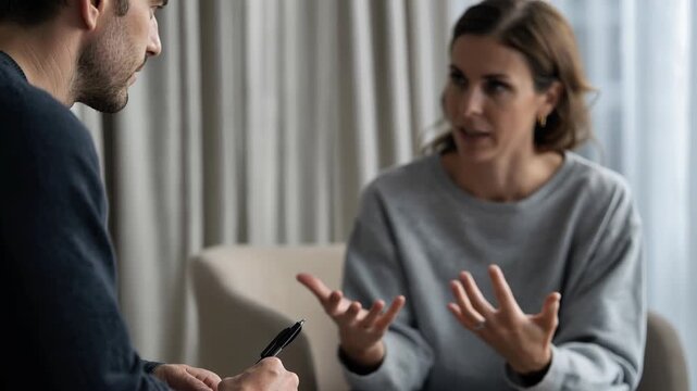 Therapist listening to patient's emotional story, mental health support session