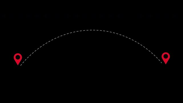 Airplane flight path animation showing flight route with dotted line from start point to destination forming curved curve, suitable for animation footage, website, travel, presentation, etc.