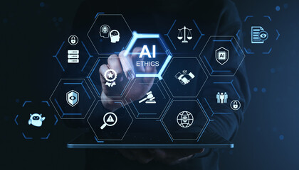 Fototapeta premium AI ethics interface with hand selecting futuristic icons on digital screen for responsible technology governance and secure innovation..
