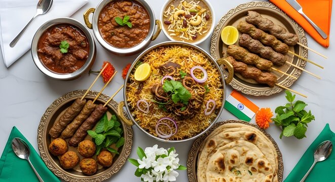 Indian Eid ul Adha Feast Table with Traditional Dishes and Flag Theme