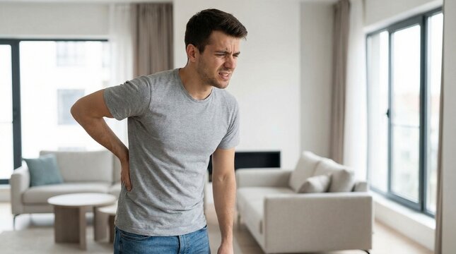 Young man experiencing lower back pain while sitting at home