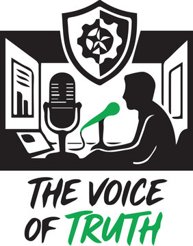 The Voice of Truth: A stark silhouette captures the essence of broadcast journalism, with a microphone and a computer. The graphic highlights truth, communication, and the power of information.