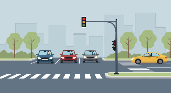 Cars waiting at traffic light intersection with crosswalk, city background