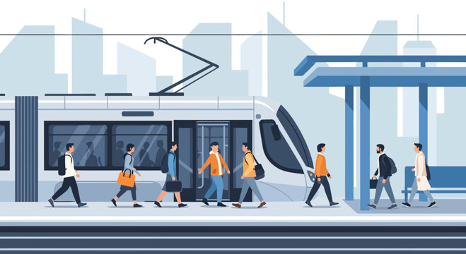 Commuters boarding a modern light rail train at a city station platform