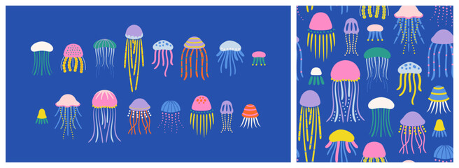 Colorful jellyfish pattern set. Summer marine animal decoration collection. Vacation travel surface design element bundle. Tropical beach flat cartoon backdrop illustration. © Dedraw Studio