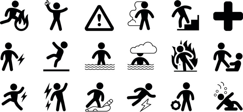 Set of black and white pictograms depicting people in various situations