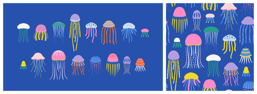 Colorful jellyfish pattern set. Summer marine animal decoration collection. Vacation travel surface design element bundle. Tropical beach flat cartoon backdrop illustration.