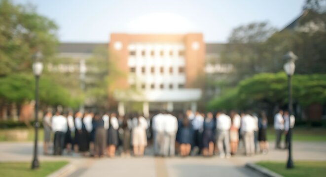 Completely blurred background of a university campus event, blurred students and buildings, soft daylight.