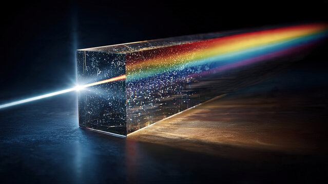 Glass triangular prism refracting a white light beam into a vivid full rainbow spectrum on a dark textured surface