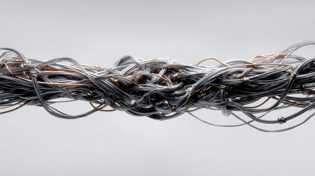 Tangled wires vs straight wire, chaos to order concept, problem solving, business consulting, simplifying complexity, white background 