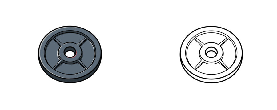 Cast iron barbell weight plate detailed cartoon illustrations in dark grey and black line art styles represents fitness equipment for strength training isolated on white background