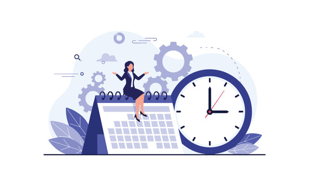Businesswoman sitting on a giant calendar next to a large clock representing effective time management planning and meeting project deadlines.